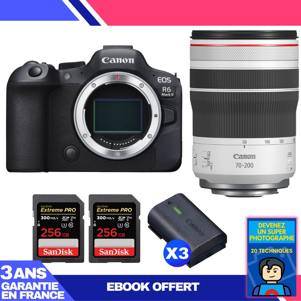 Boitier Canon EOS R6 Mark II + RF 70 200mm f4 IS USM + 2 SanDisk Extreme PRO UHS II SDXC 300 MB/ + 3 Canon LP E6NH + Ebook 'Devenez Un Super Photographe - vue 4