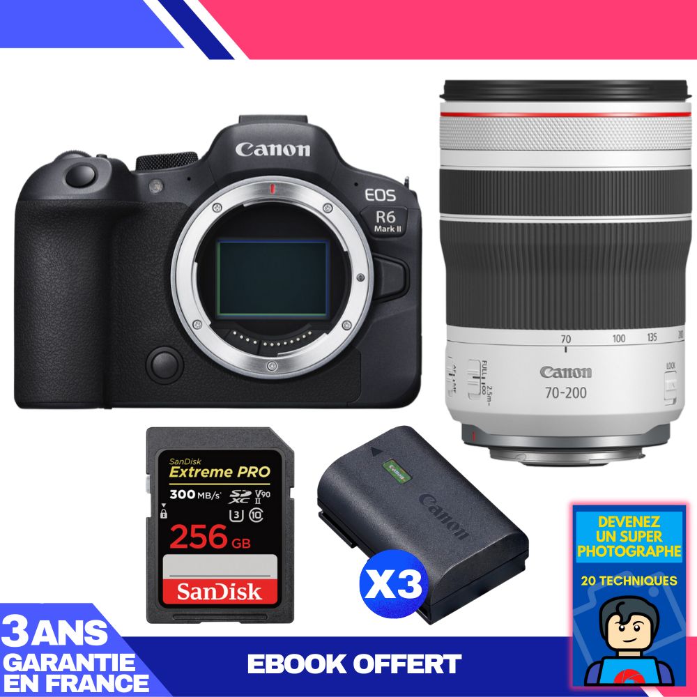 Boitier Canon EOS R6 Mark II + RF 70 200mm f4 IS USM + 1 SanDisk Extreme PRO UHS II SDXC 300 MB/ + 3 Canon LP E6NH + Ebook 'Devenez Un Super Photographe - vue 4