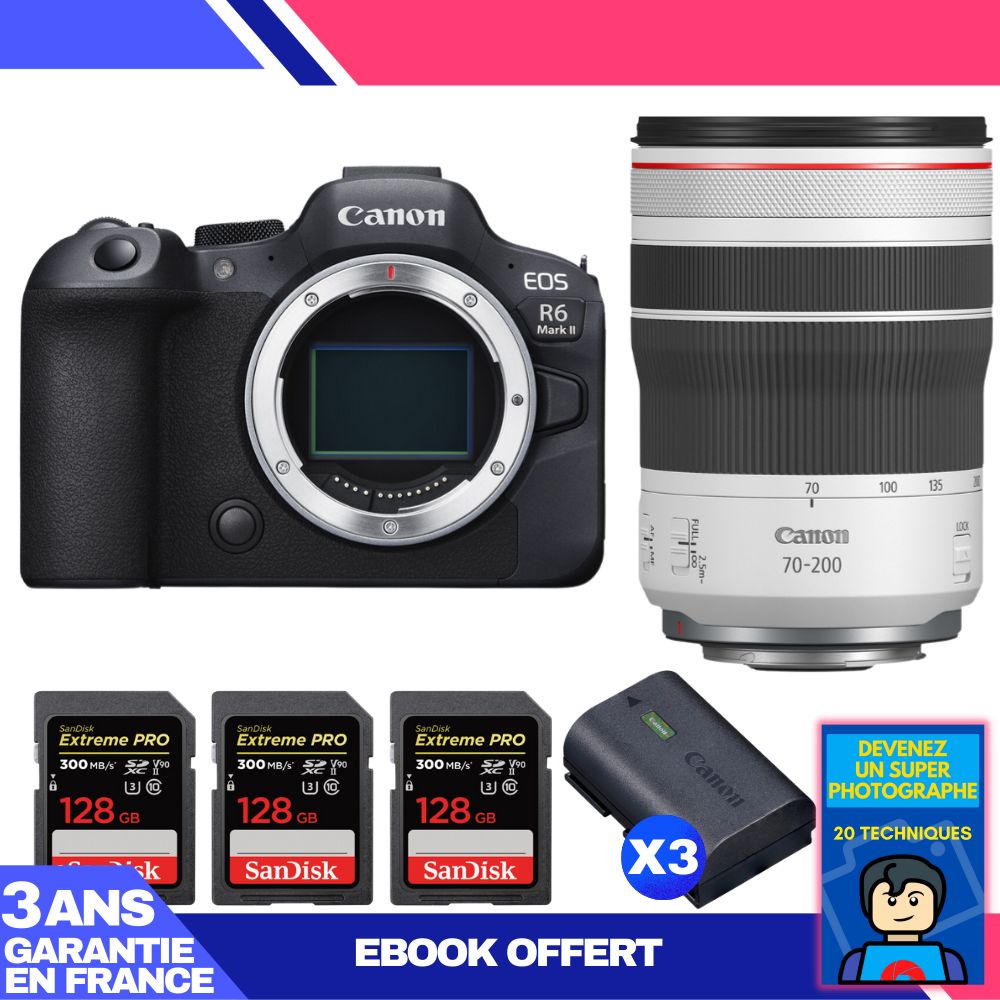 Boitier Canon EOS R6 Mark II + RF 70 200mm f4 IS USM + 3 SanDisk Extreme PRO UHS II SDXC 300 MB/ + 3 Canon LP E6NH + Ebook 'Devenez Un Super Photographe - vue 2