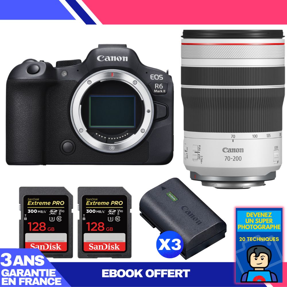 Boitier Canon EOS R6 Mark II + RF 70 200mm f4 IS USM + 2 SanDisk Extreme PRO UHS II SDXC 300 MB/ + 3 Canon LP E6NH + Ebook 'Devenez Un Super Photographe - vue 2