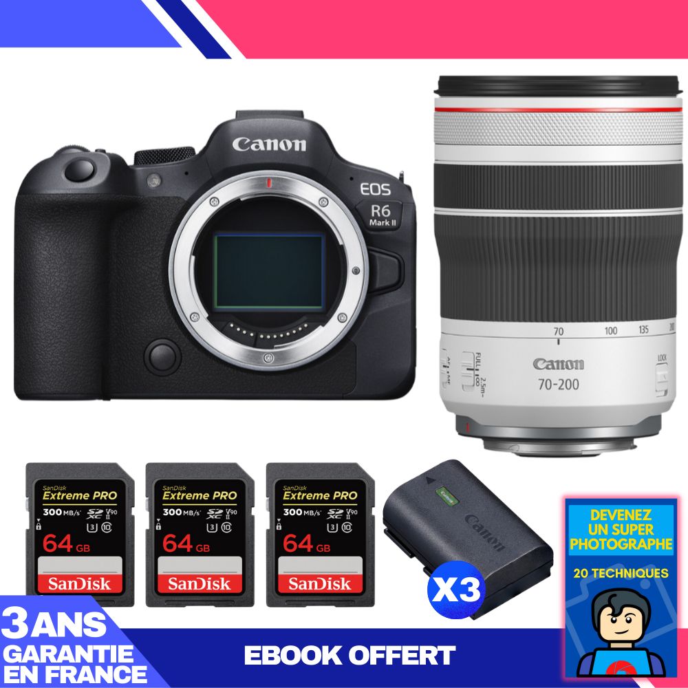 Boitier Canon EOS R6 Mark II + RF 70 200mm f4 IS USM + 3 SanDisk Extreme PRO UHS II SDXC 300 MB/ + 3 Canon LP E6NH + Ebook 'Devenez Un Super Photographe - vue 3