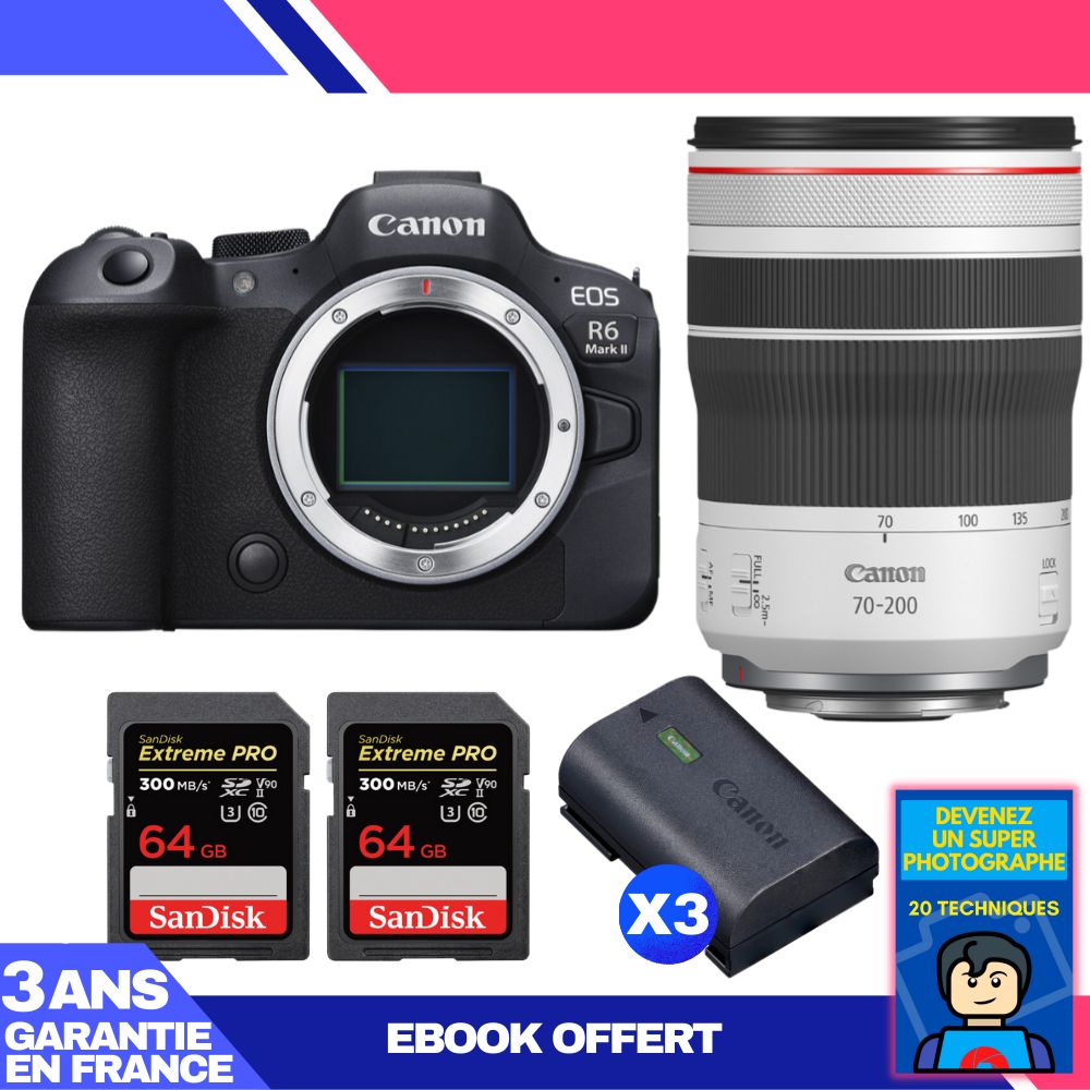 Boitier Canon EOS R6 Mark II + RF 70 200mm f4 IS USM + 2 SanDisk Extreme PRO UHS II SDXC 300 MB/ + 3 Canon LP E6NH + Ebook 'Devenez Un Super Photographe