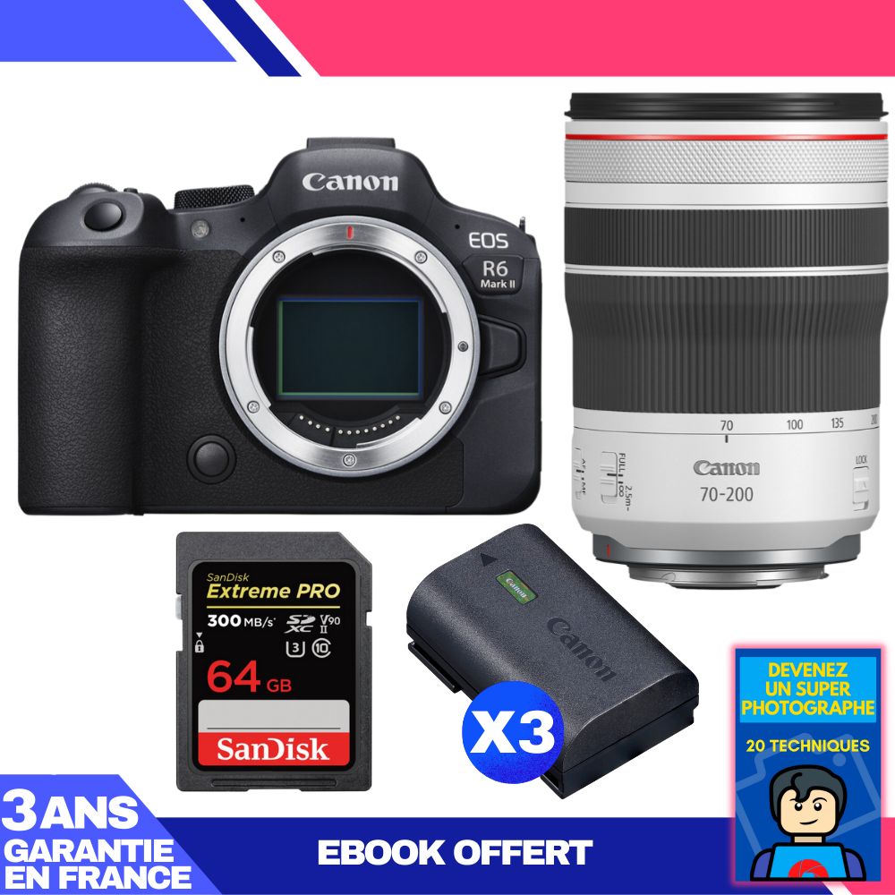 Boitier Canon EOS R6 Mark II + RF 70 200mm f4 IS USM + 1 SanDisk Extreme PRO UHS II SDXC 300 MB/ + 3 Canon LP E6NH + Ebook 'Devenez Un Super Photographe - vue 2