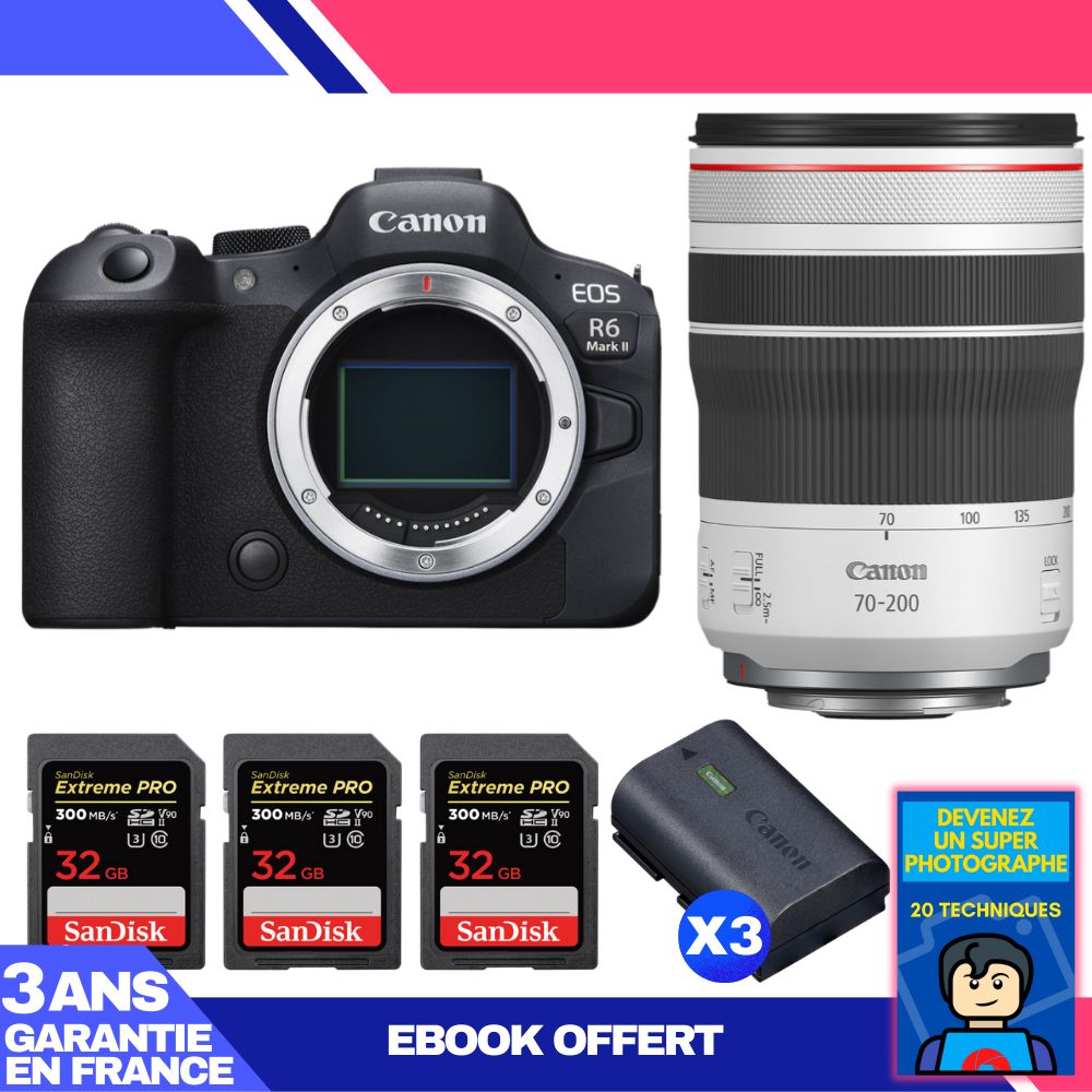 Boitier Canon EOS R6 Mark II + RF 70 200mm f4 IS USM + 3 SanDisk Extreme PRO UHS II SDXC 300 MB/ + 3 Canon LP E6NH + Ebook 'Devenez Un Super Photographe - vue 4
