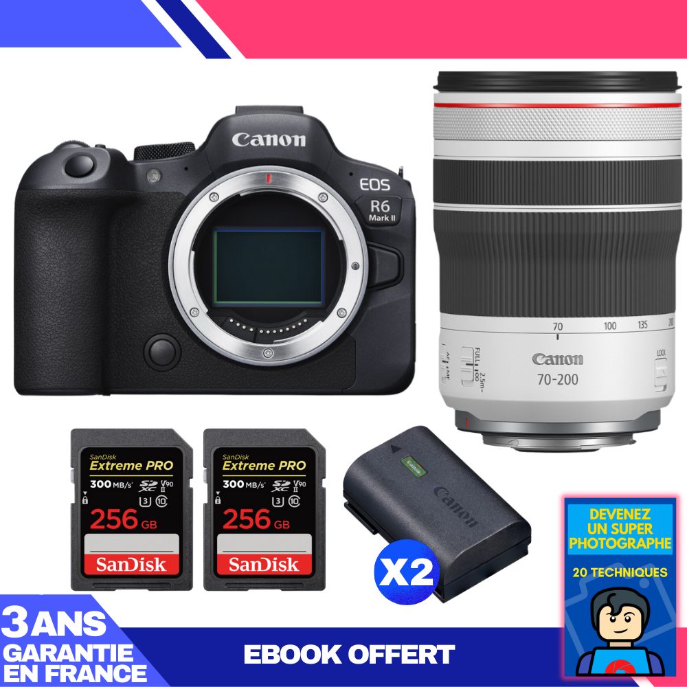 Boitier Canon EOS R6 Mark II + RF 70 200mm f4 IS USM + 2 SanDisk Extreme PRO UHS II SDXC 300 MB/ + 2 Canon LP E6NH + Ebook 'Devenez Un Super Photographe