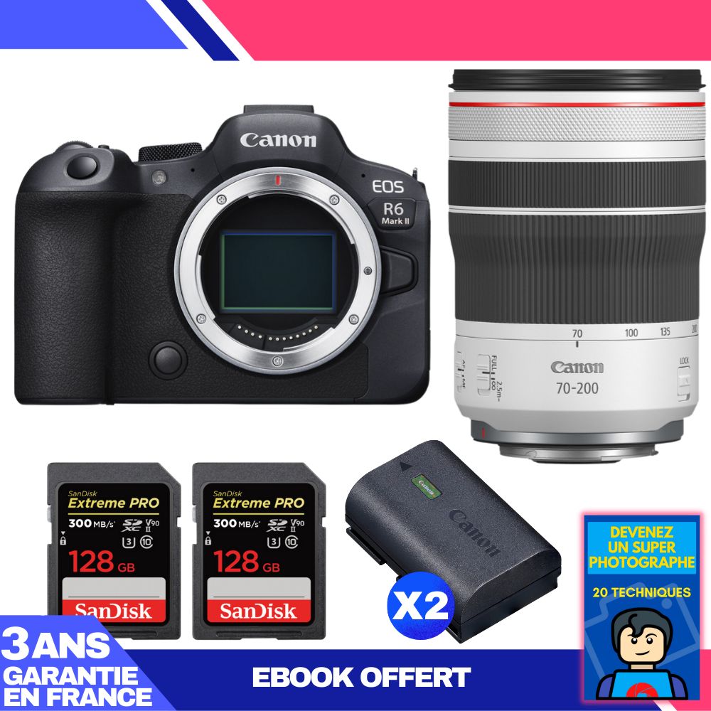 Boitier Canon EOS R6 Mark II + RF 70 200mm f4 IS USM + 2 SanDisk Extreme PRO UHS II SDXC 300 MB/ + 2 Canon LP E6NH + Ebook 'Devenez Un Super Photographe - vue 2