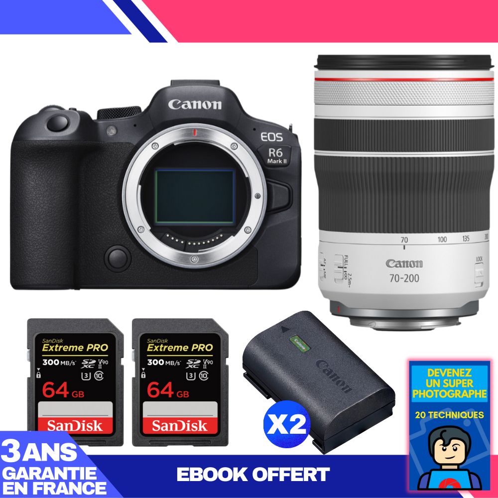 Boitier Canon EOS R6 Mark II + RF 70 200mm f4 IS USM + 2 SanDisk Extreme PRO UHS II SDXC 300 MB/ + 2 Canon LP E6NH + Ebook 'Devenez Un Super Photographe - vue 3
