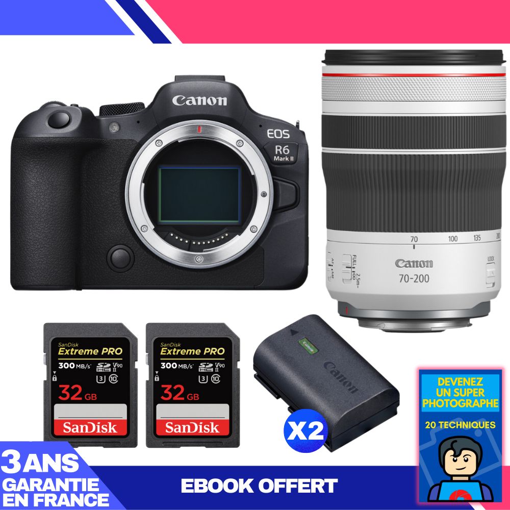 Boitier Canon EOS R6 Mark II + RF 70 200mm f4 IS USM + 2 SanDisk Extreme PRO UHS II SDXC 300 MB/ + 2 Canon LP E6NH + Ebook 'Devenez Un Super Photographe - vue 4