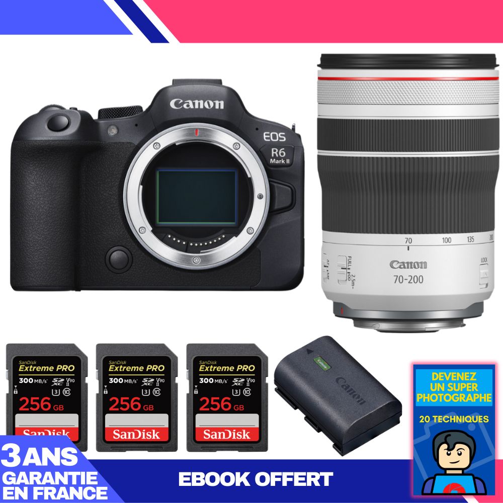 Boitier Canon EOS R6 Mark II + RF 70 200mm f4 IS USM + 3 SanDisk Extreme PRO UHS II SDXC 300 MB/ + 1 Canon LP E6NH + Ebook 'Devenez Un Super Photographe