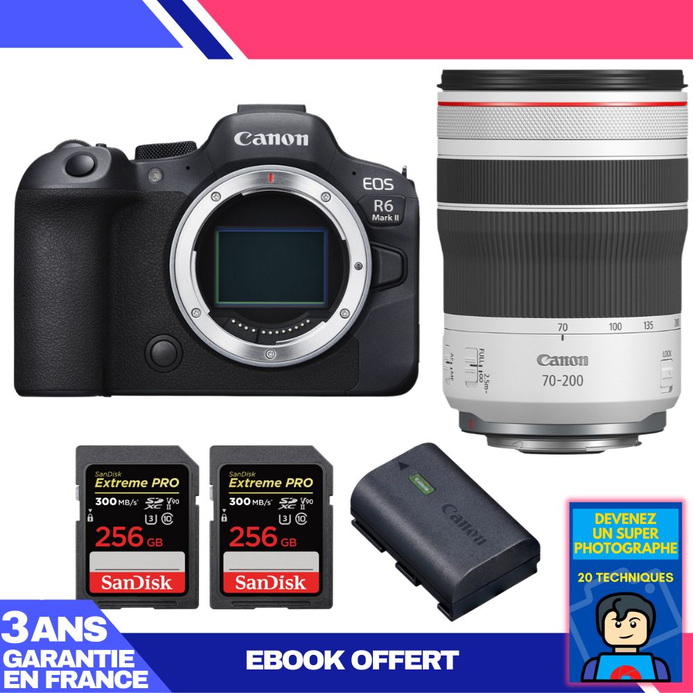 Boitier Canon EOS R6 Mark II + RF 70 200mm f4 IS USM + 2 SanDisk Extreme PRO UHS II SDXC 300 MB/ + 1 Canon LP E6NH + Ebook 'Devenez Un Super Photographe - vue 3