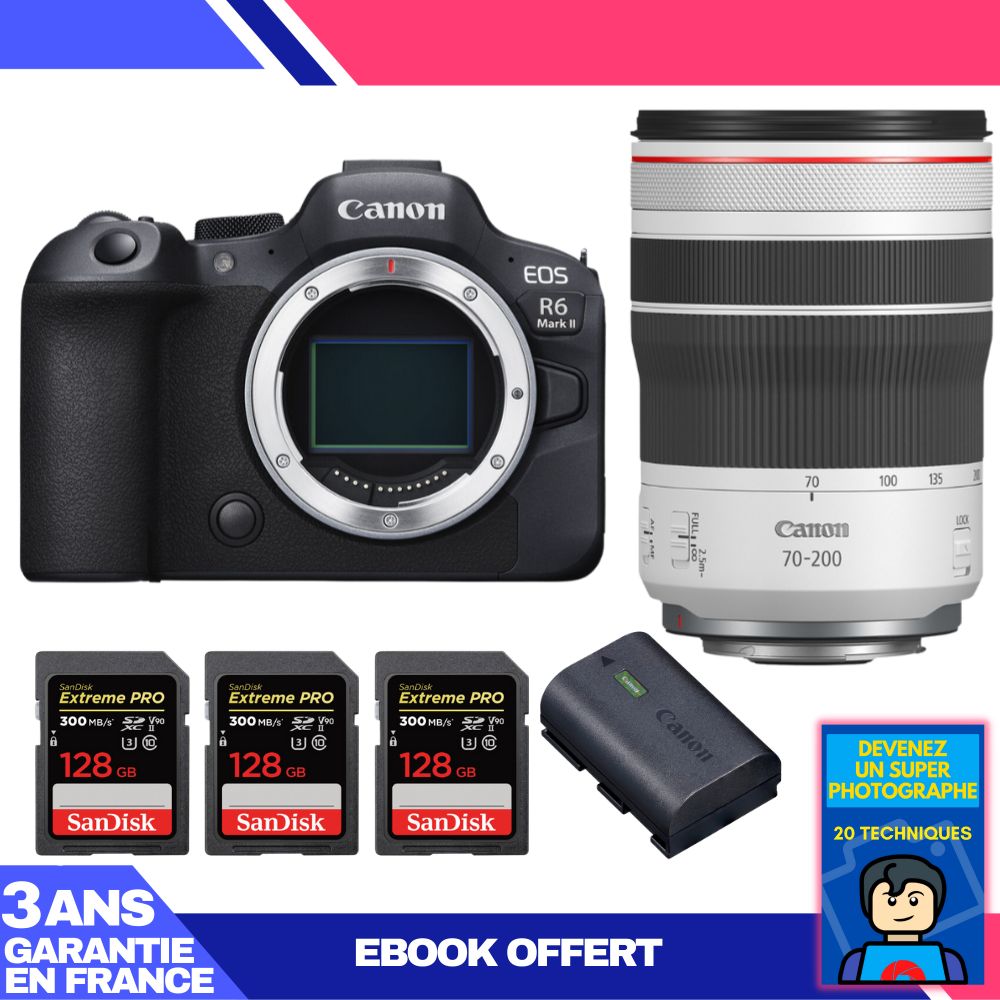 Boitier Canon EOS R6 Mark II + RF 70 200mm f4 IS USM + 3 SanDisk Extreme PRO UHS II SDXC 300 MB/ + 1 Canon LP E6NH + Ebook 'Devenez Un Super Photographe - vue 4