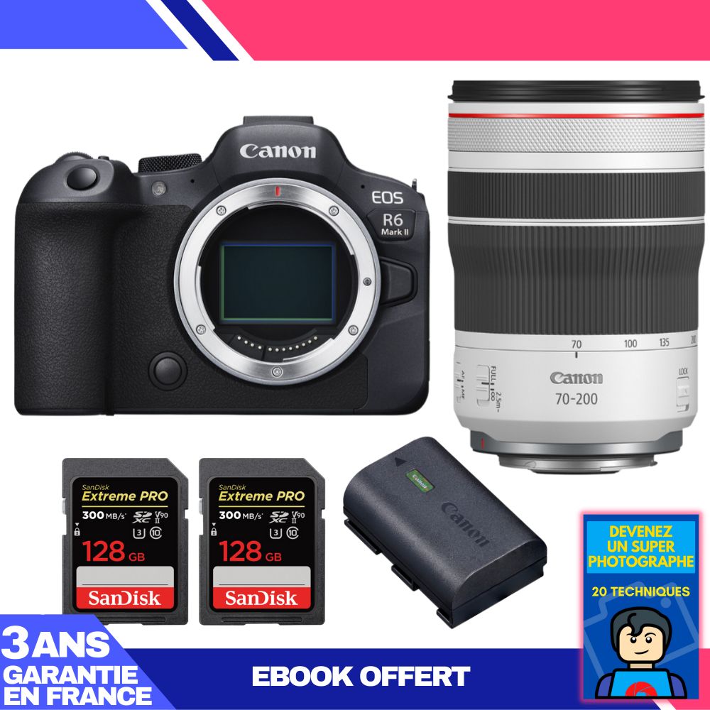 Boitier Canon EOS R6 Mark II + RF 70 200mm f4 IS USM + 2 SanDisk Extreme PRO UHS II SDXC 300 MB/ + 1 Canon LP E6NH + Ebook 'Devenez Un Super Photographe - vue 2