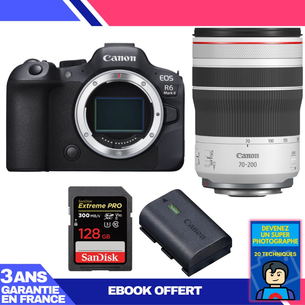 Boitier Canon EOS R6 Mark II + RF 70 200mm f4 IS USM + 1 SanDisk Extreme PRO UHS II SDXC 300 MB/ + 1 Canon LP E6NH + Ebook 'Devenez Un Super Photographe - vue 2