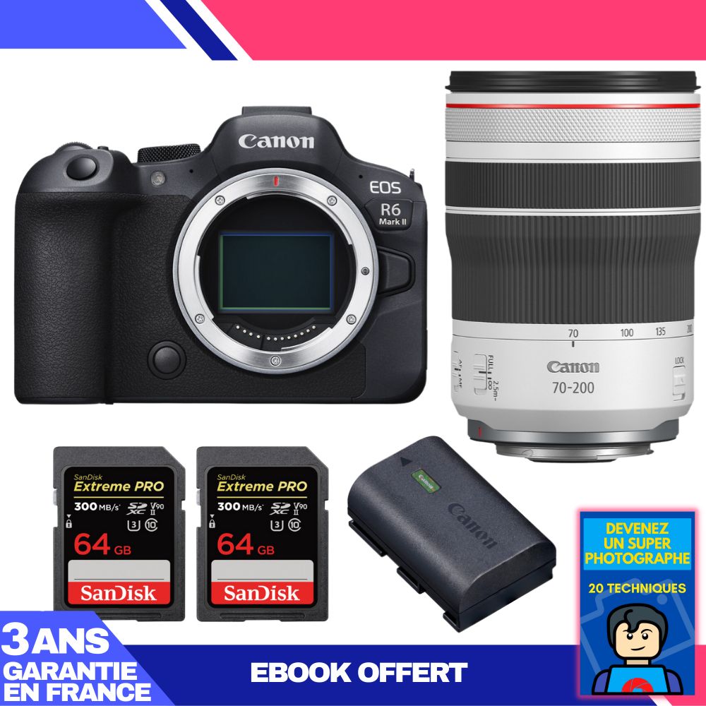 Boitier Canon EOS R6 Mark II + RF 70 200mm f4 IS USM + 2 SanDisk Extreme PRO UHS II SDXC 300 MB/ + 1 Canon LP E6NH + Ebook 'Devenez Un Super Photographe - vue 4
