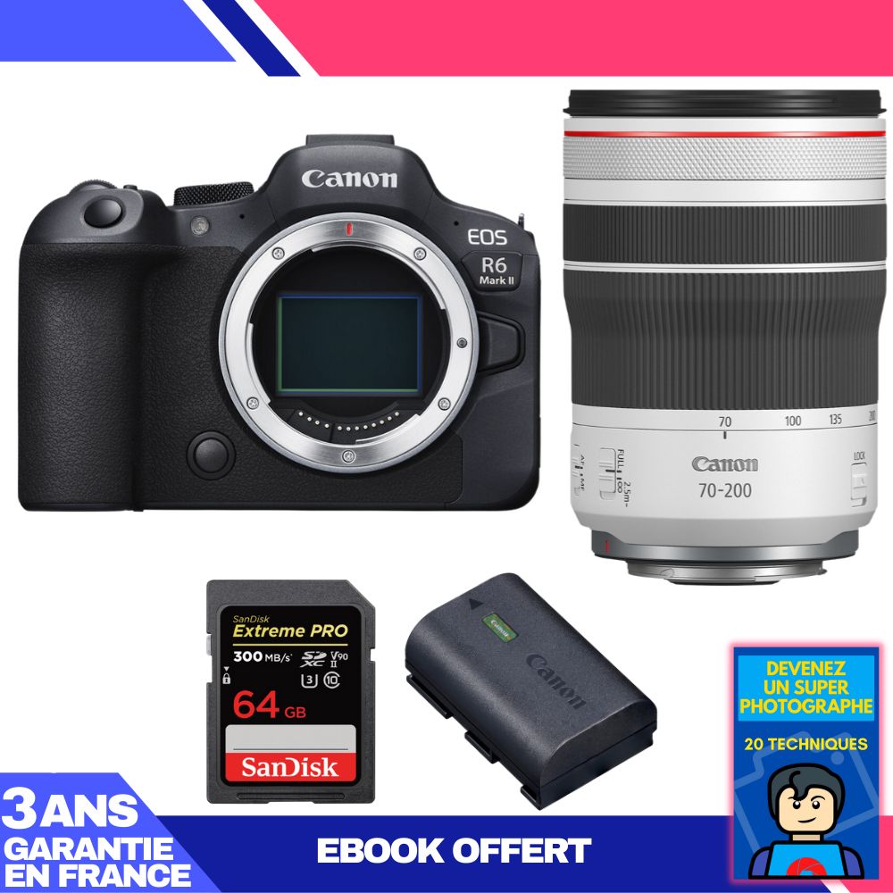 Boitier Canon EOS R6 Mark II + RF 70 200mm f4 IS USM + 1 SanDisk Extreme PRO UHS II SDXC 300 MB/ + 1 Canon LP E6NH + Ebook 'Devenez Un Super Photographe - vue 4