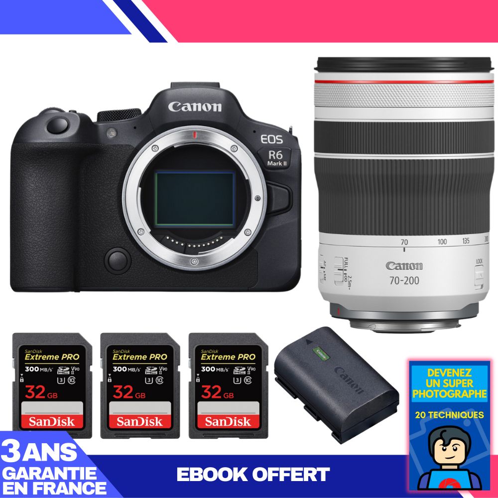 Boitier Canon EOS R6 Mark II + RF 70 200mm f4 IS USM + 3 SanDisk Extreme PRO UHS II SDXC 300 MB/ + 1 Canon LP E6NH + Ebook 'Devenez Un Super Photographe - vue 2