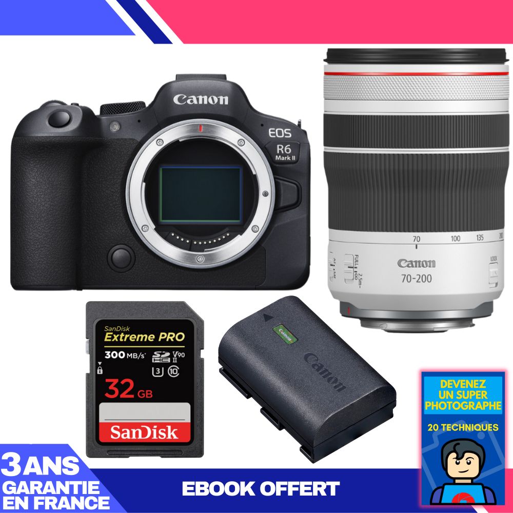 Boitier Canon EOS R6 Mark II + RF 70 200mm f4 IS USM + 1 SanDisk Extreme PRO UHS II SDXC 300 MB/ + 1 Canon LP E6NH + Ebook 'Devenez Un Super Photographe