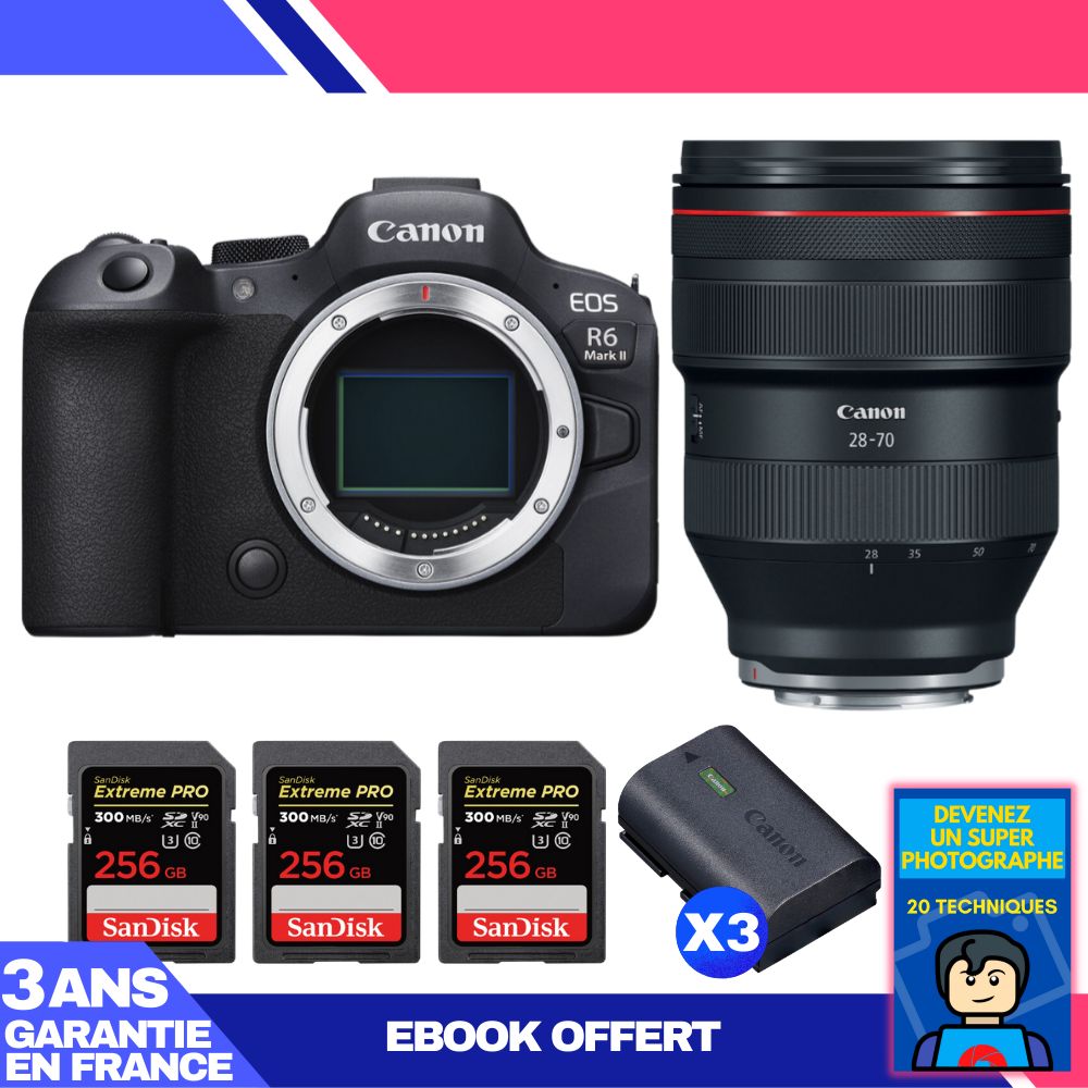 Boitier Canon EOS R6 Mark II + RF 28 70mm f2 USM + 3 SanDisk Extreme PRO UHS II SDXC 300 MB/ + 3 Canon LP E6NH + Ebook 'Devenez Un Super Photographe - vue 2