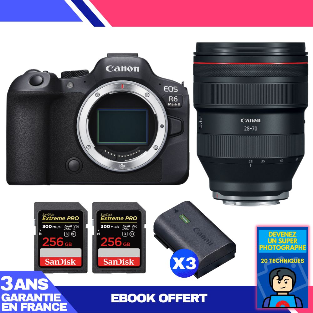 Boitier Canon EOS R6 Mark II + RF 28 70mm f2 USM + 2 SanDisk Extreme PRO UHS II SDXC 300 MB/ + 3 Canon LP E6NH + Ebook 'Devenez Un Super Photographe
