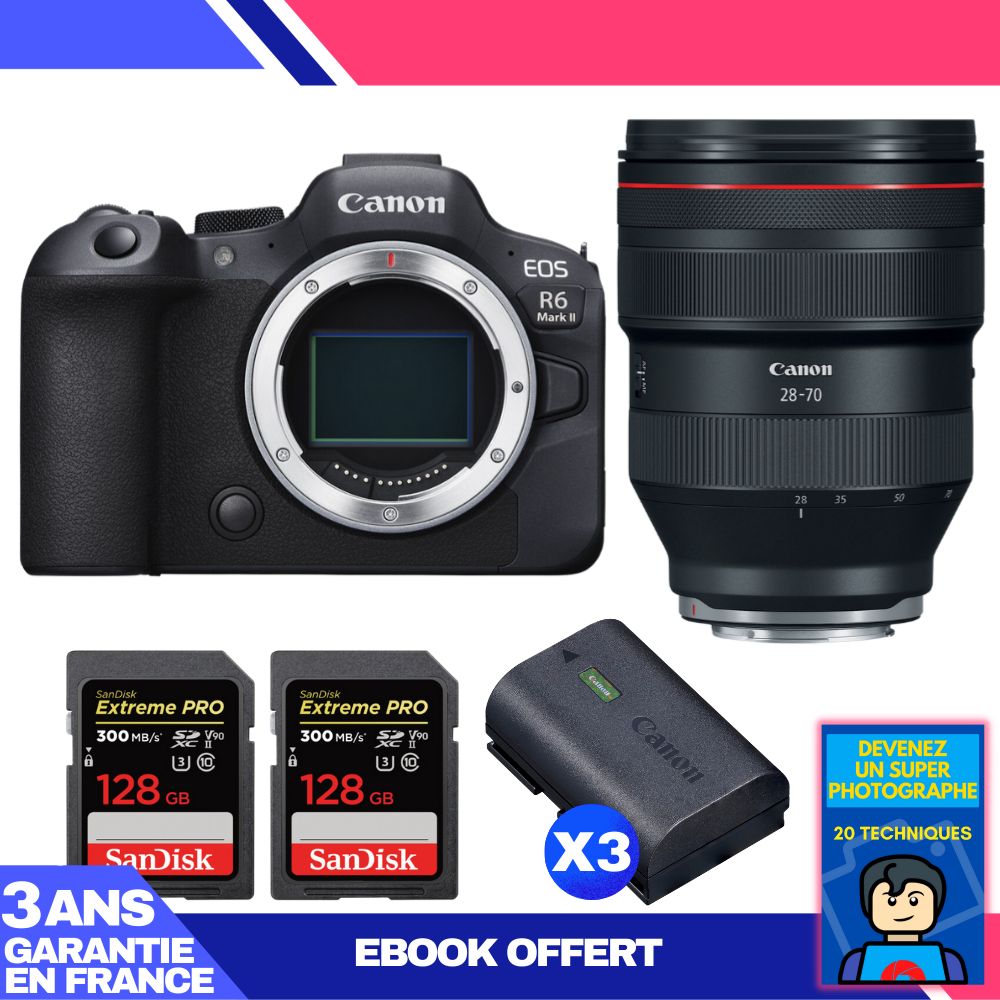 Boitier Canon EOS R6 Mark II + RF 28 70mm f2 USM + 2 SanDisk Extreme PRO UHS II SDXC 300 MB/ + 3 Canon LP E6NH + Ebook 'Devenez Un Super Photographe - vue 3