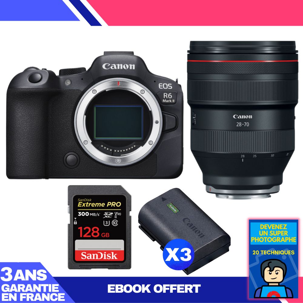 Boitier Canon EOS R6 Mark II + RF 28 70mm f2 USM + 1 SanDisk Extreme PRO UHS II SDXC 300 MB/ + 3 Canon LP E6NH + Ebook 'Devenez Un Super Photographe