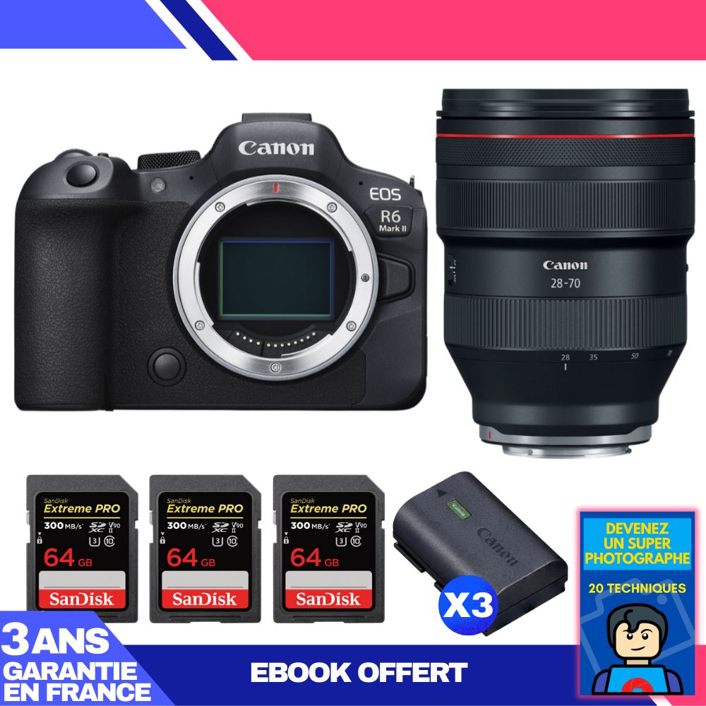 Boitier Canon EOS R6 Mark II + RF 28 70mm f2 USM + 3 SanDisk Extreme PRO UHS II SDXC 300 MB/ + 3 Canon LP E6NH + Ebook 'Devenez Un Super Photographe - vue 3