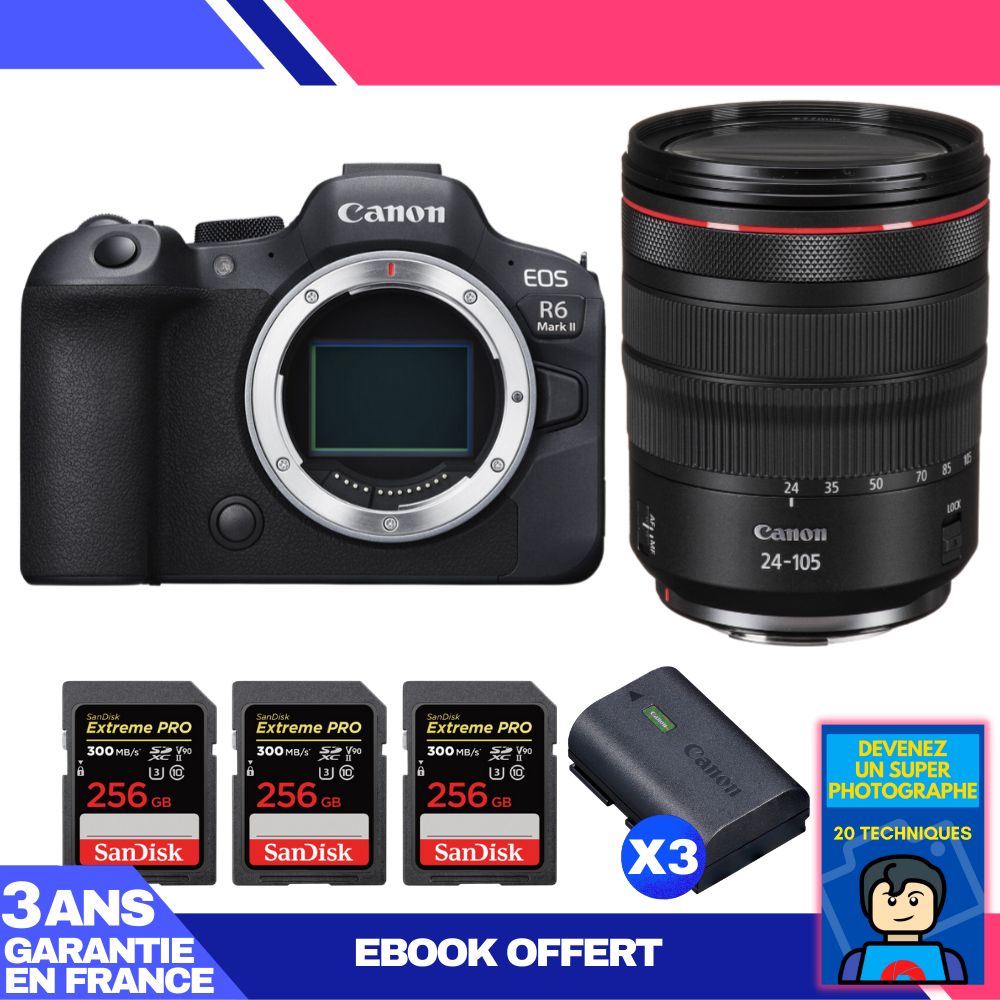 Boitier Canon EOS R6 Mark II + RF 24 105mm f4 IS USM + 3 SanDisk Extreme PRO UHS II SDXC 300 MB/ + 3 Canon LP E6NH + Ebook 'Devenez Un Super Photographe - vue 2