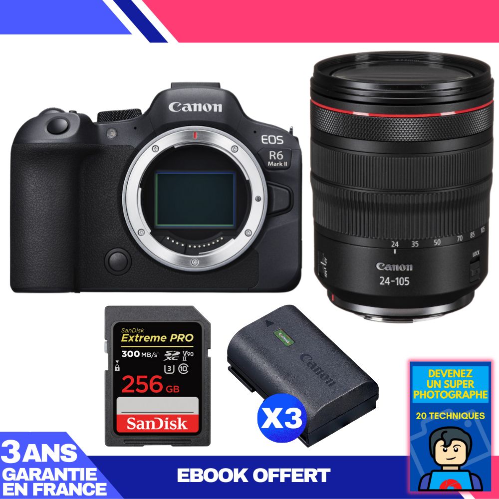 Boitier Canon EOS R6 Mark II + RF 24 105mm f4 IS USM + 1 SanDisk Extreme PRO UHS II SDXC 300 MB/ + 3 Canon LP E6NH + Ebook 'Devenez Un Super Photographe - vue 3
