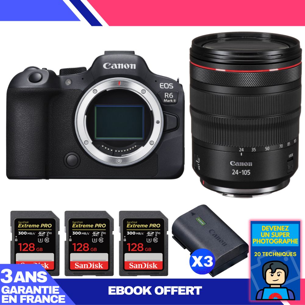 Boitier Canon EOS R6 Mark II + RF 24 105mm f4 IS USM + 3 SanDisk Extreme PRO UHS II SDXC 300 MB/ + 3 Canon LP E6NH + Ebook 'Devenez Un Super Photographe