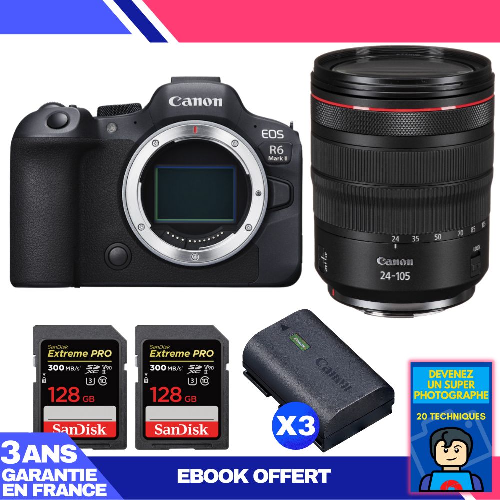 Boitier Canon EOS R6 Mark II + RF 24 105mm f4 IS USM + 2 SanDisk Extreme PRO UHS II SDXC 300 MB/ + 3 Canon LP E6NH + Ebook 'Devenez Un Super Photographe - vue 3
