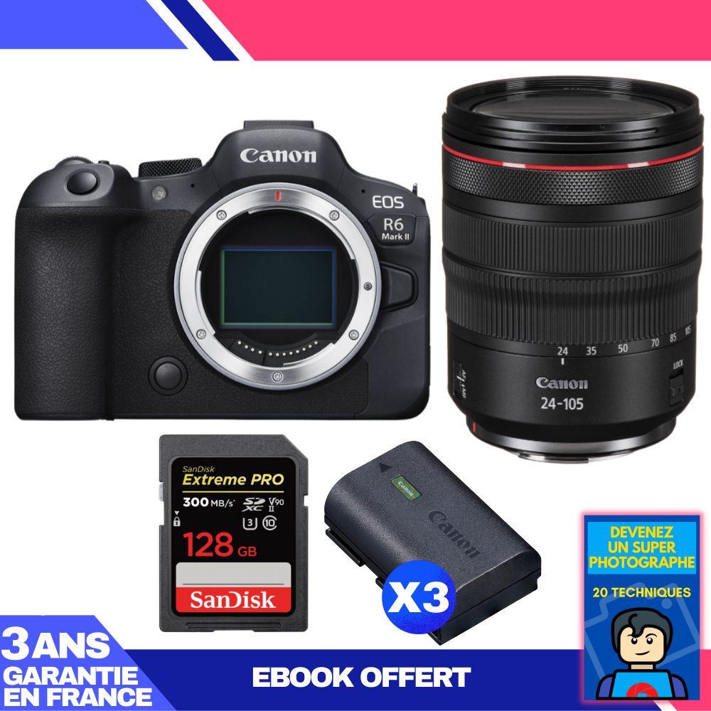 Boitier Canon EOS R6 Mark II + RF 24 105mm f4 IS USM + 1 SanDisk Extreme PRO UHS II SDXC 300 MB/ + 3 Canon LP E6NH + Ebook 'Devenez Un Super Photographe - vue 4