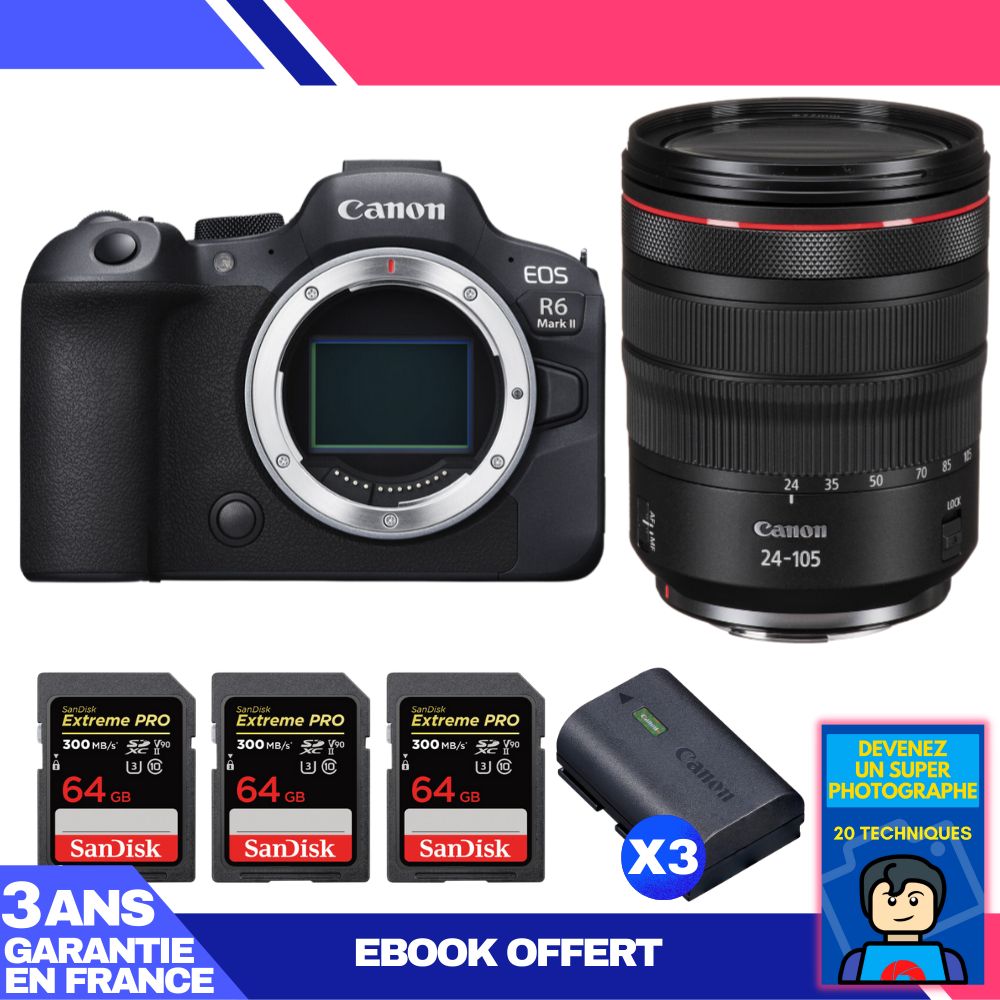 Boitier Canon EOS R6 Mark II + RF 24 105mm f4 IS USM + 3 SanDisk Extreme PRO UHS II SDXC 300 MB/ + 3 Canon LP E6NH + Ebook 'Devenez Un Super Photographe - vue 3