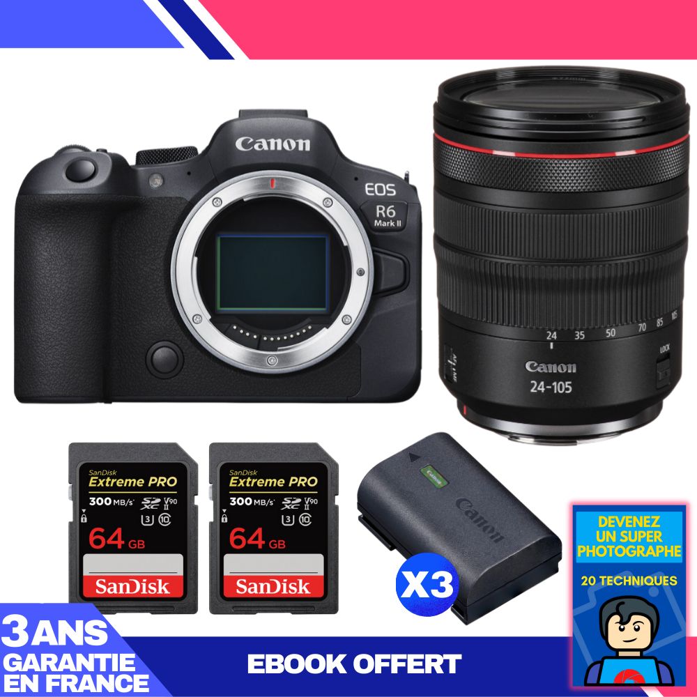 Boitier Canon EOS R6 Mark II + RF 24 105mm f4 IS USM + 2 SanDisk Extreme PRO UHS II SDXC 300 MB/ + 3 Canon LP E6NH + Ebook 'Devenez Un Super Photographe - vue 4