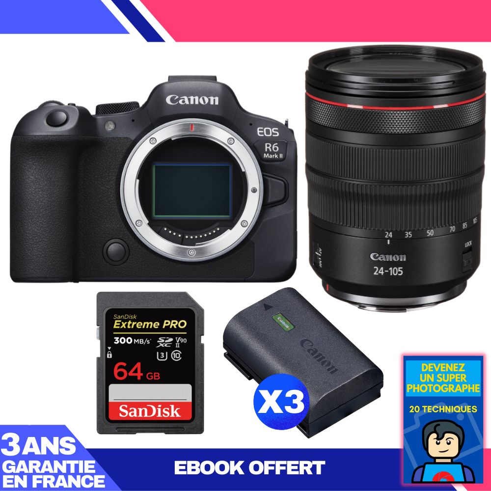 Boitier Canon EOS R6 Mark II + RF 24 105mm f4 IS USM + 1 SanDisk Extreme PRO UHS II SDXC 300 MB/ + 3 Canon LP E6NH + Ebook 'Devenez Un Super Photographe - vue 2
