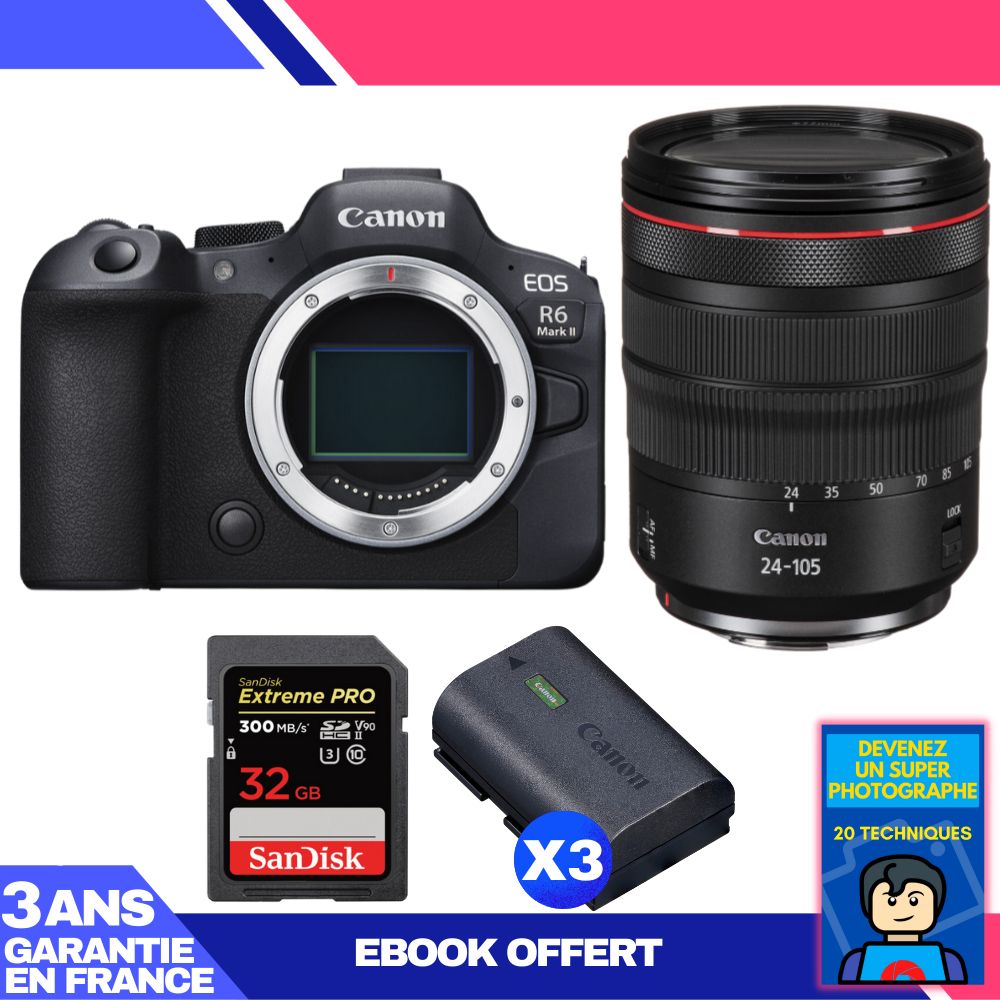 Boitier Canon EOS R6 Mark II + RF 24 105mm f4 IS USM + 1 SanDisk Extreme PRO UHS II SDXC 300 MB/ + 3 Canon LP E6NH + Ebook 'Devenez Un Super Photographe