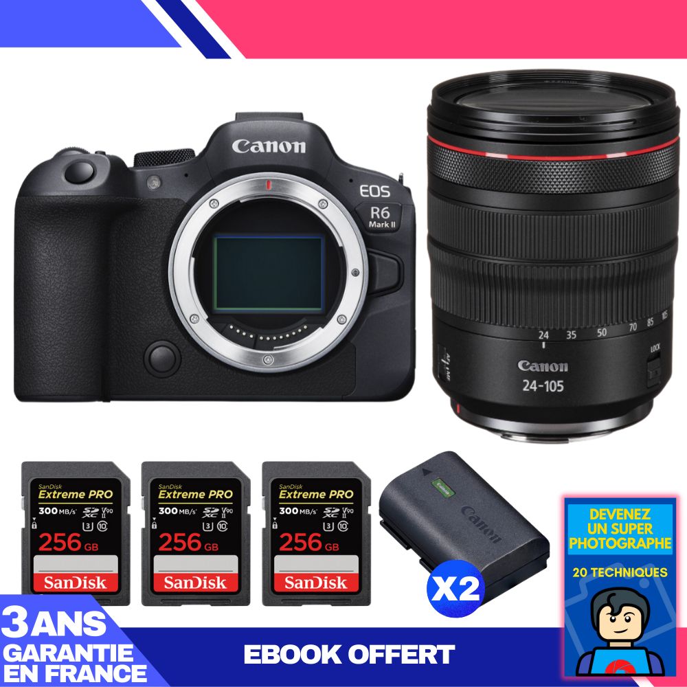 Boitier Canon EOS R6 Mark II + RF 24 105mm f4 IS USM + 3 SanDisk Extreme PRO UHS II SDXC 300 MB/ + 2 Canon LP E6NH + Ebook 'Devenez Un Super Photographe - vue 4