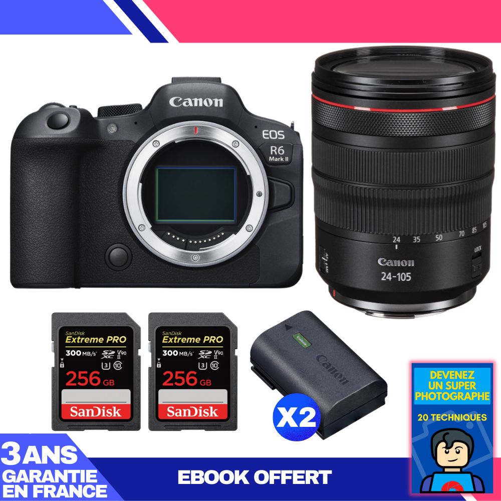 Boitier Canon EOS R6 Mark II + RF 24 105mm f4 IS USM + 2 SanDisk Extreme PRO UHS II SDXC 300 MB/ + 2 Canon LP E6NH + Ebook 'Devenez Un Super Photographe - vue 4