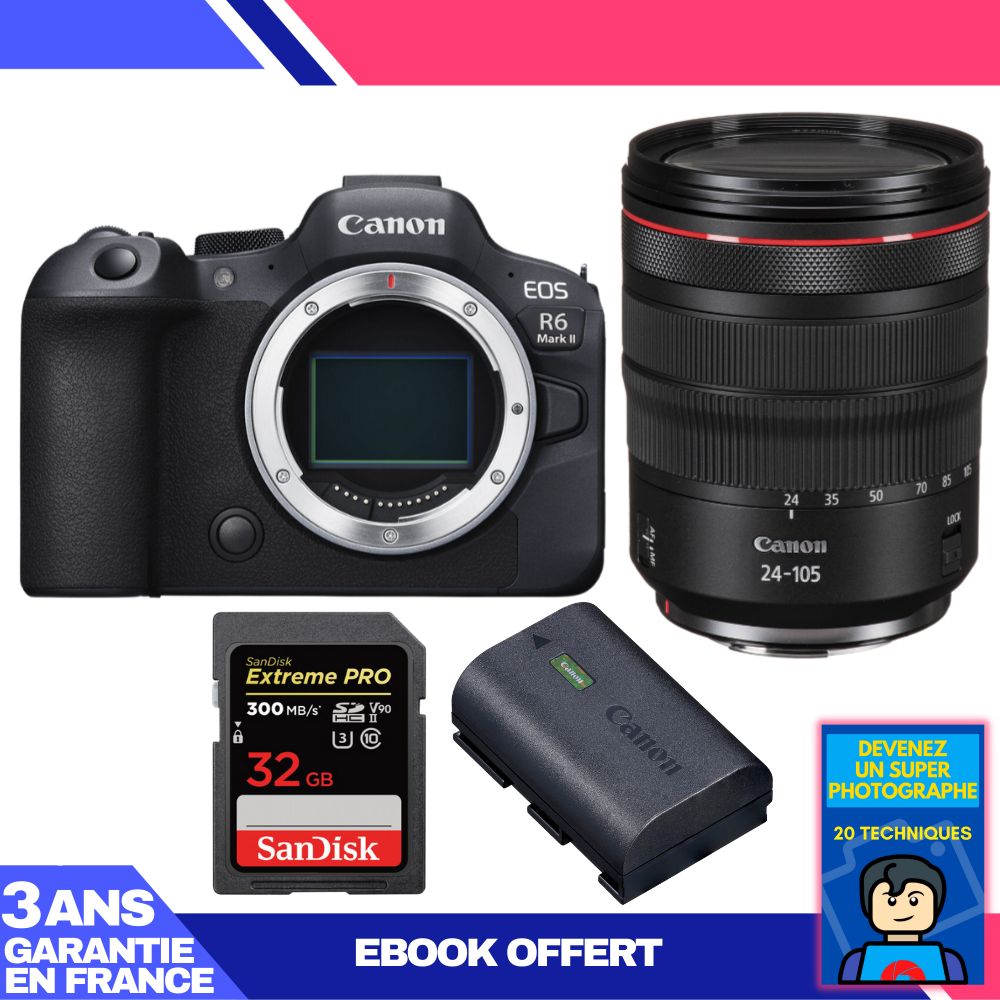 Boitier Canon EOS R6 Mark II + RF 24 105mm f4 IS USM + 1 SanDisk Extreme PRO UHS II SDXC 300 MB/ + 1 Canon LP E6NH + Ebook 'Devenez Un Super Photographe - vue 3