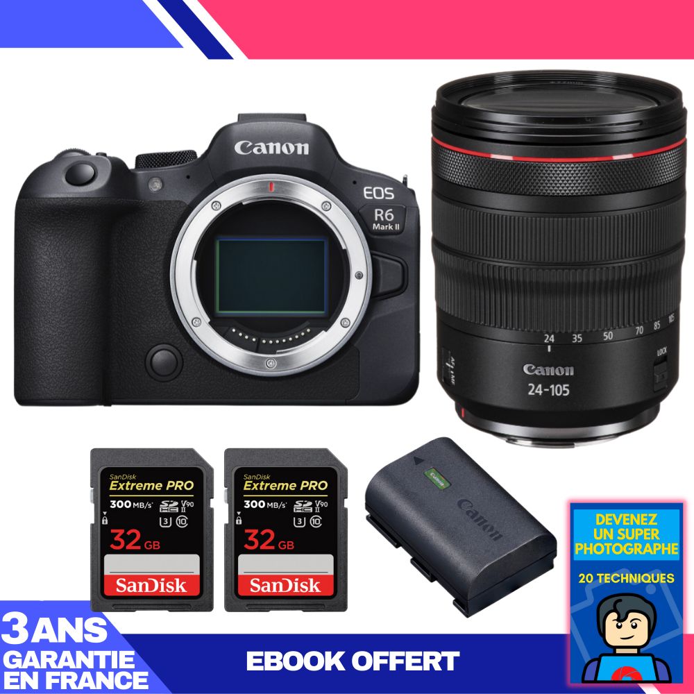 Boitier Canon EOS R6 Mark II + RF 24 105mm f4 IS USM + 2 SanDisk Extreme PRO UHS II SDXC 300 MB/ + 1 Canon LP E6NH + Ebook 'Devenez Un Super Photographe
