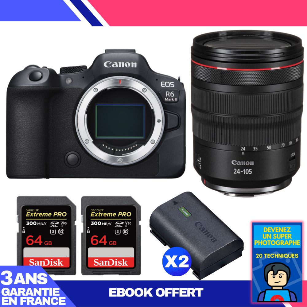 Boitier Canon EOS R6 Mark II + RF 24 105mm f4 IS USM + 2 SanDisk Extreme PRO UHS II SDXC 300 MB/ + 2 Canon LP E6NH + Ebook 'Devenez Un Super Photographe - vue 2