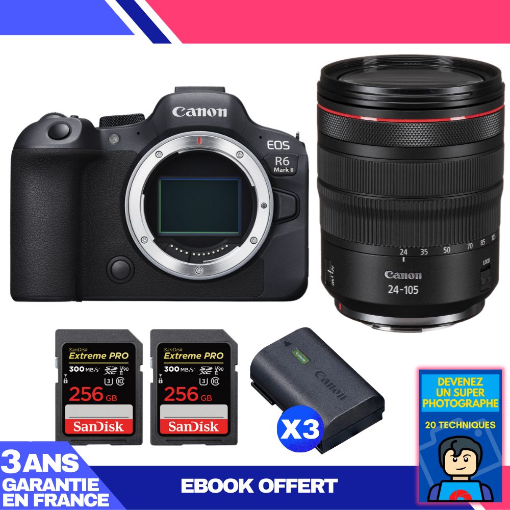 Boitier Canon EOS R6 Mark II + RF 24 105mm f4 IS USM + 2 SanDisk Extreme PRO UHS II SDXC 300 MB/ + 3 Canon LP E6NH + Ebook 'Devenez Un Super Photographe