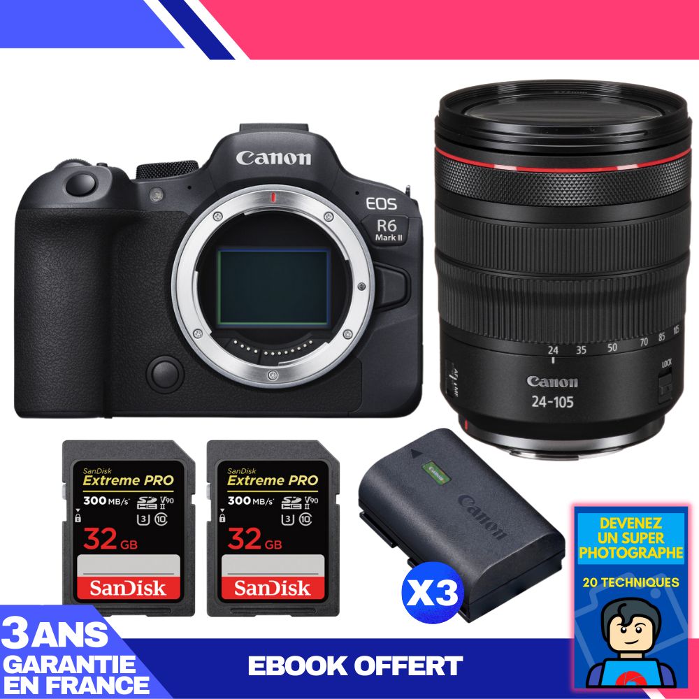 Boitier Canon EOS R6 Mark II + RF 24 105mm f4 IS USM + 2 SanDisk Extreme PRO UHS II SDXC 300 MB/ + 3 Canon LP E6NH + Ebook 'Devenez Un Super Photographe - vue 2