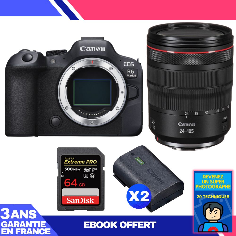 Boitier Canon EOS R6 Mark II + RF 24 105mm f4 IS USM + 1 SanDisk Extreme PRO UHS II SDXC 300 MB/ + 2 Canon LP E6NH + Ebook 'Devenez Un Super Photographe - vue 4