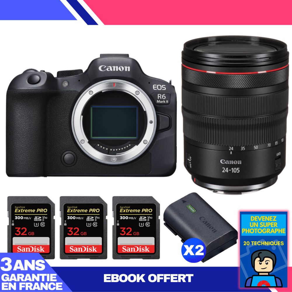 Boitier Canon EOS R6 Mark II + RF 24 105mm f4 IS USM + 3 SanDisk Extreme PRO UHS II SDXC 300 MB/ + 2 Canon LP E6NH + Ebook 'Devenez Un Super Photographe - vue 3