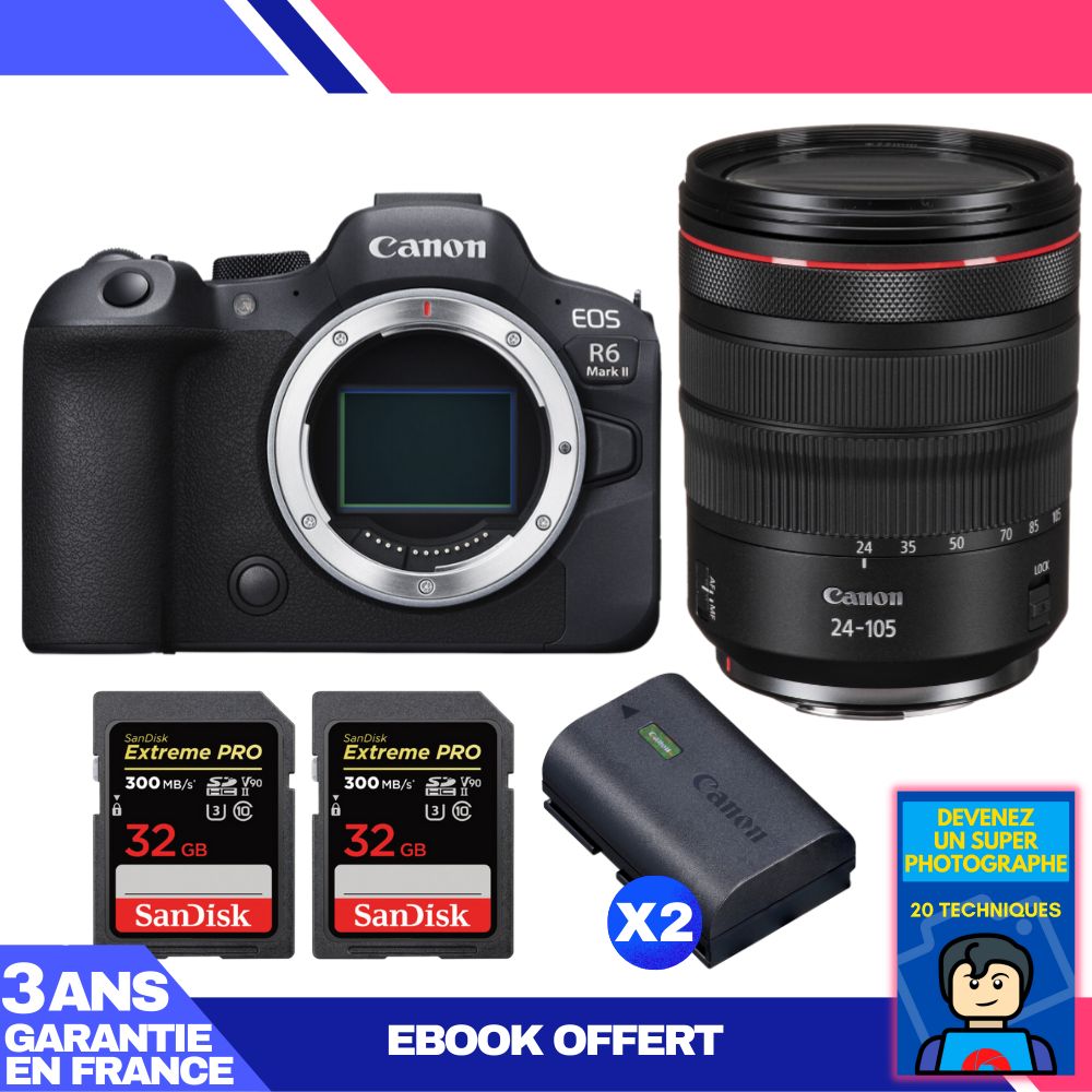 Boitier Canon EOS R6 Mark II + RF 24 105mm f4 IS USM + 2 SanDisk Extreme PRO UHS II SDXC 300 MB/ + 2 Canon LP E6NH + Ebook 'Devenez Un Super Photographe