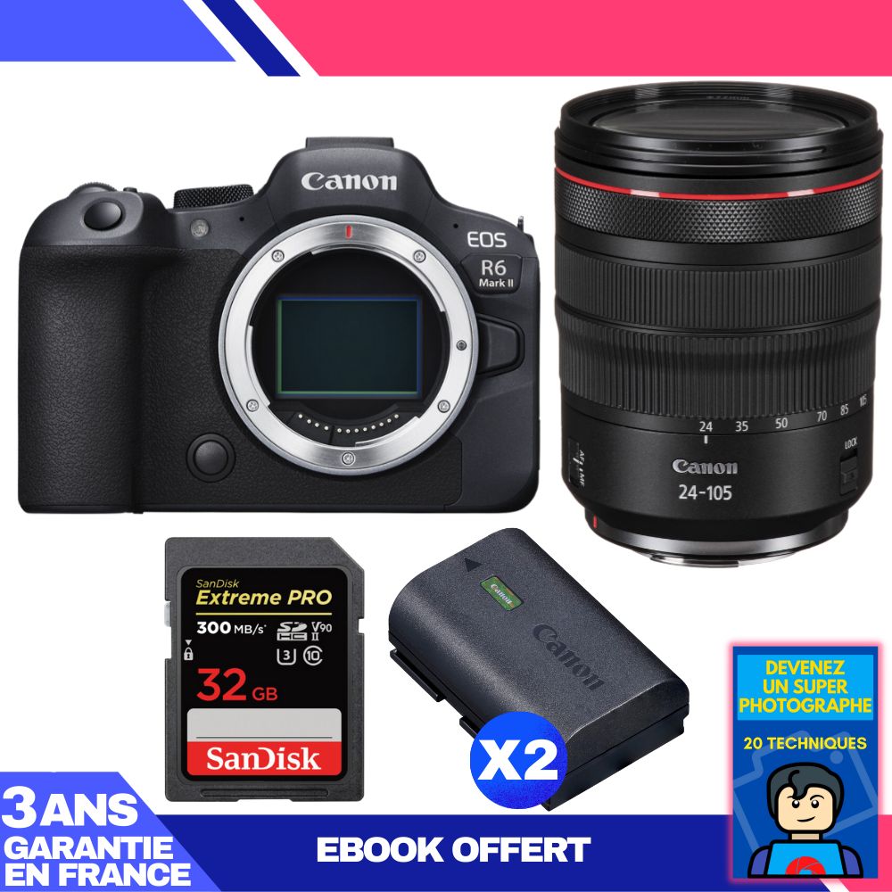 Boitier Canon EOS R6 Mark II + RF 24 105mm f4 IS USM + 1 SanDisk Extreme PRO UHS II SDXC 300 MB/ + 2 Canon LP E6NH + Ebook 'Devenez Un Super Photographe - vue 3