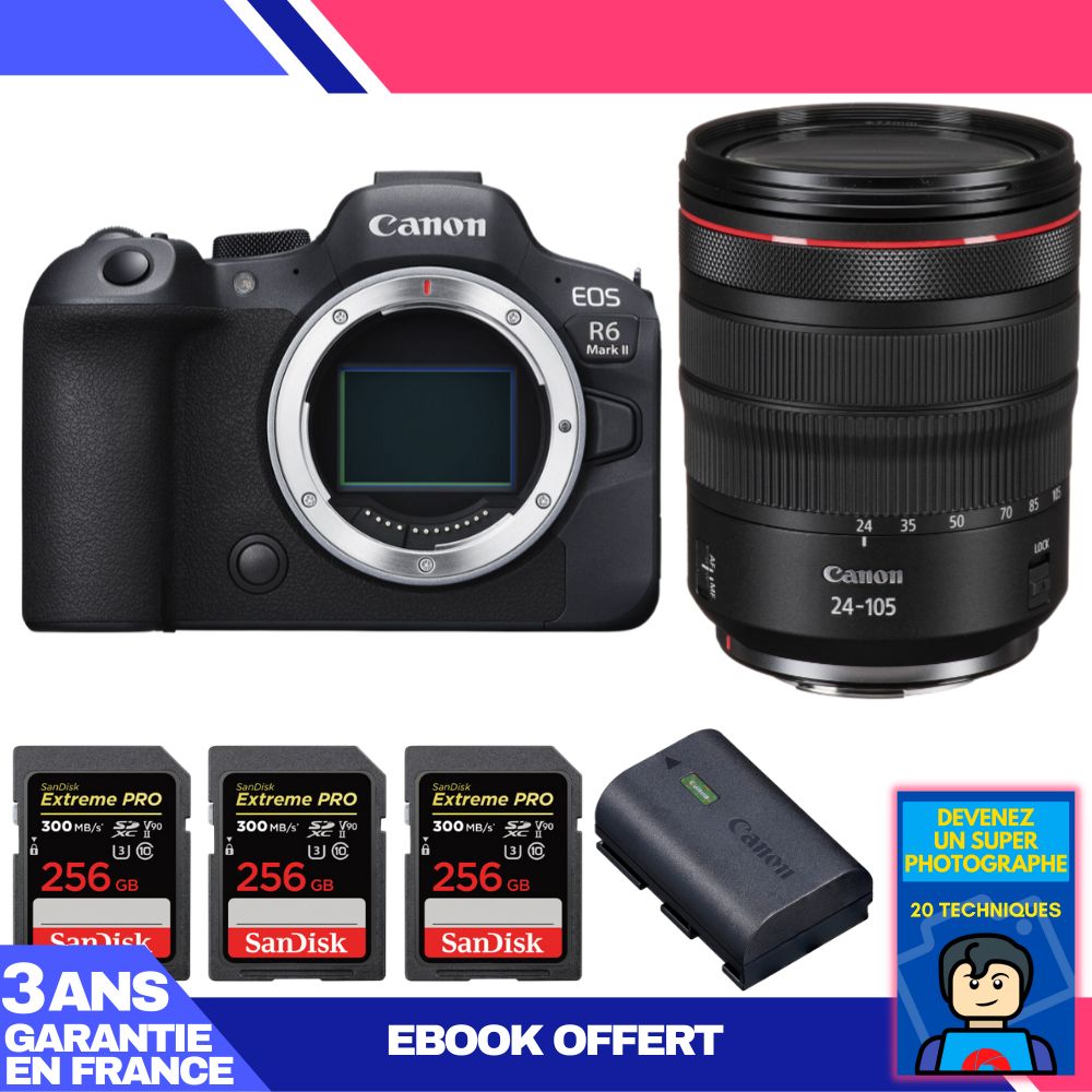 Boitier Canon EOS R6 Mark II + RF 24 105mm f4 IS USM + 3 SanDisk Extreme PRO UHS II SDXC 300 MB/ + 1 Canon LP E6NH + Ebook 'Devenez Un Super Photographe - vue 4