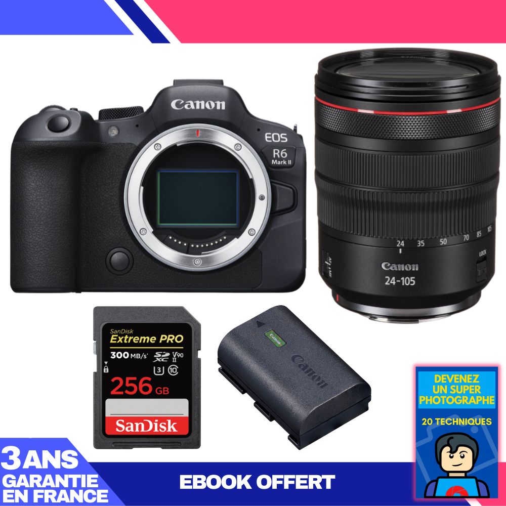 Boitier Canon EOS R6 Mark II + RF 24 105mm f4 IS USM + 1 SanDisk Extreme PRO UHS II SDXC 300 MB/ + 1 Canon LP E6NH + Ebook 'Devenez Un Super Photographe - vue 4