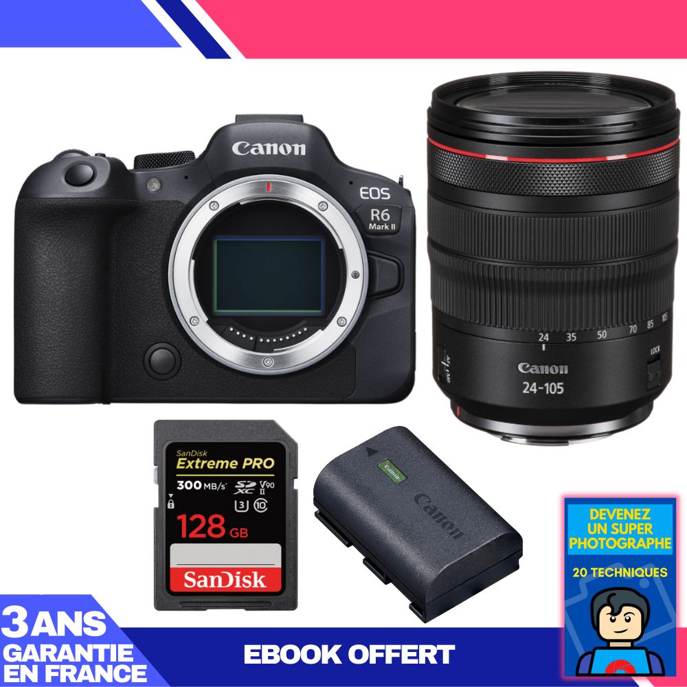 Boitier Canon EOS R6 Mark II + RF 24 105mm f4 IS USM + 1 SanDisk Extreme PRO UHS II SDXC 300 MB/ + 1 Canon LP E6NH + Ebook 'Devenez Un Super Photographe