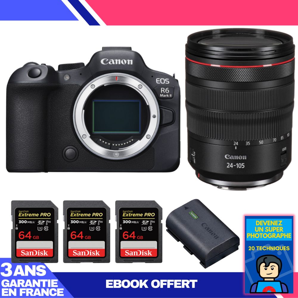 Boitier Canon EOS R6 Mark II + RF 24 105mm f4 IS USM + 3 SanDisk Extreme PRO UHS II SDXC 300 MB/ + 1 Canon LP E6NH + Ebook 'Devenez Un Super Photographe